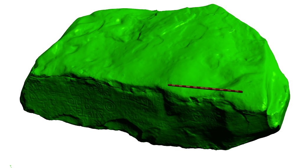 This image shows a scan of the monolith contrasted in green. The green contrast allows for details to be made out that are harder to see in the monolith's actual color.