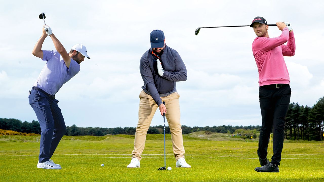 Peter Finch centrally demonstrating the correct posture and position to hit a fairway wood, flanked by Wyndham Clark and Scottie Scheffler hitting fairway woods