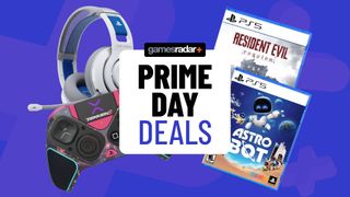 Image of a series of PS5 games and accessories sitting on a blue GamesRadar+ background.