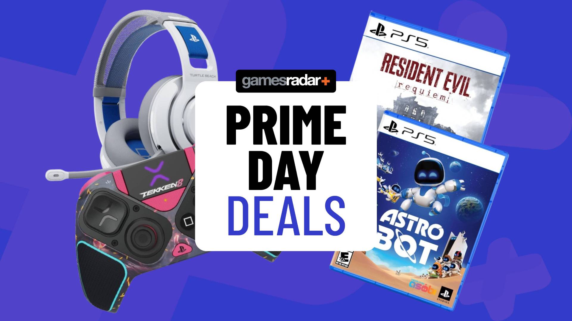 Image of a series of PS5 games and accessories sitting on a blue GamesRadar+ background.