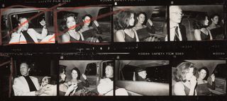 Andy Warhol, Bianca Jagger, Halston, Diane de Beauvau, Bethann Hardison in the back of a limousine
