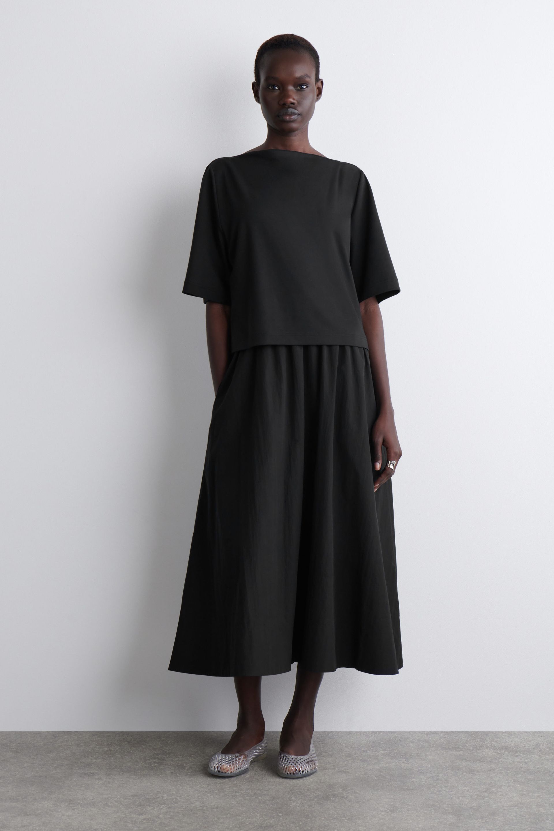 Layered Boat-Neck Midi Dress