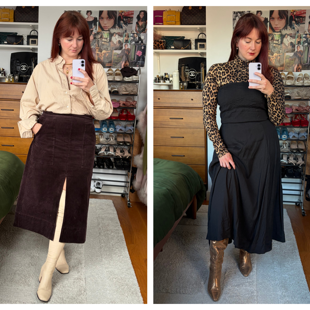 two mirror selfies of Tyler McCall wearing wide calf boots