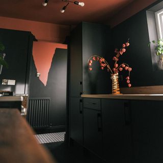 kitchen with dramatic black wall and cabinets