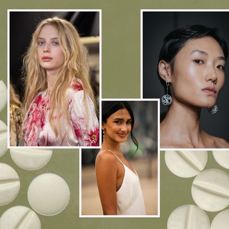 green background with spironolactone pills and women with clear skin