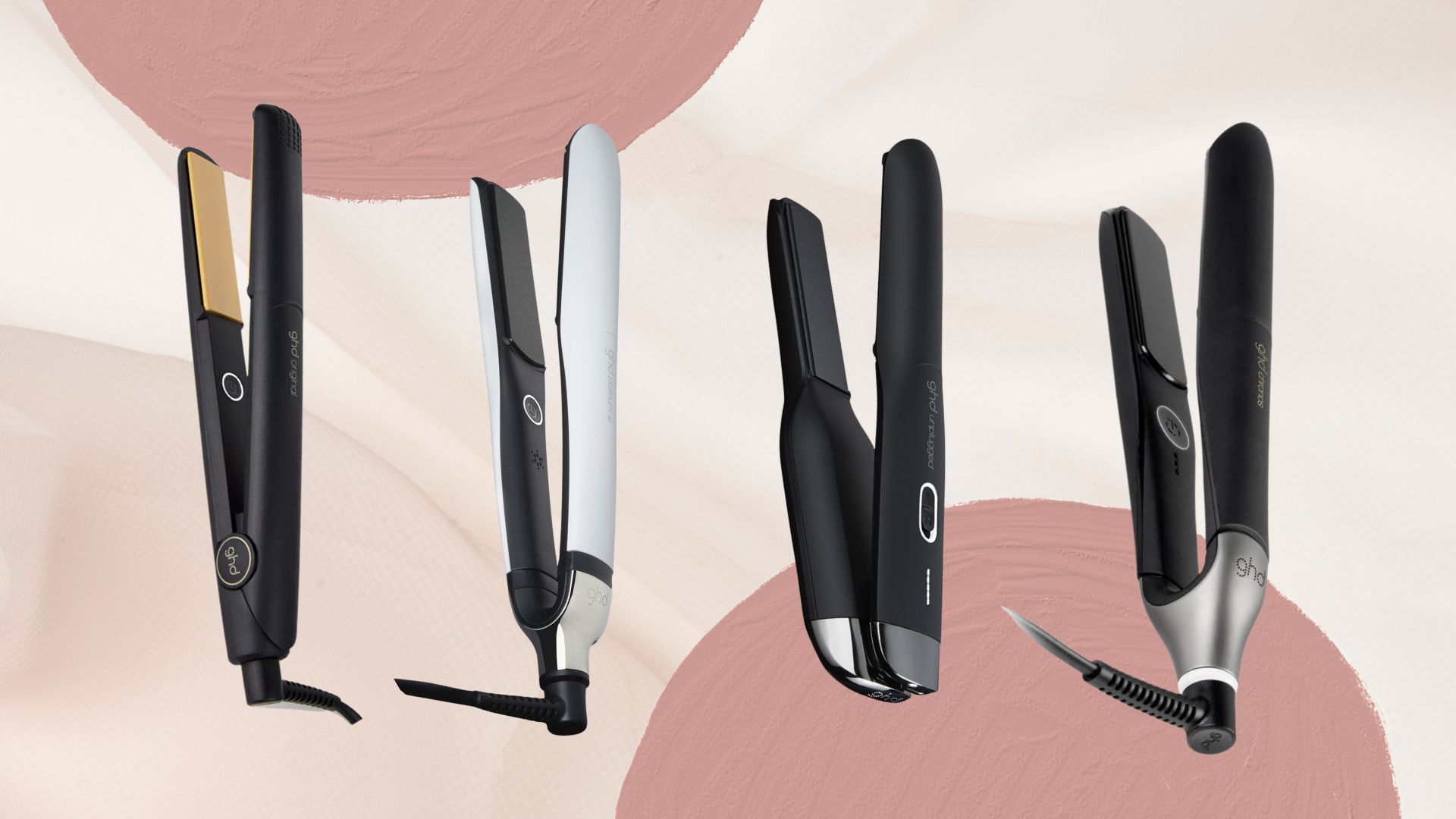 four pairs of ghd straighteners on a pink background