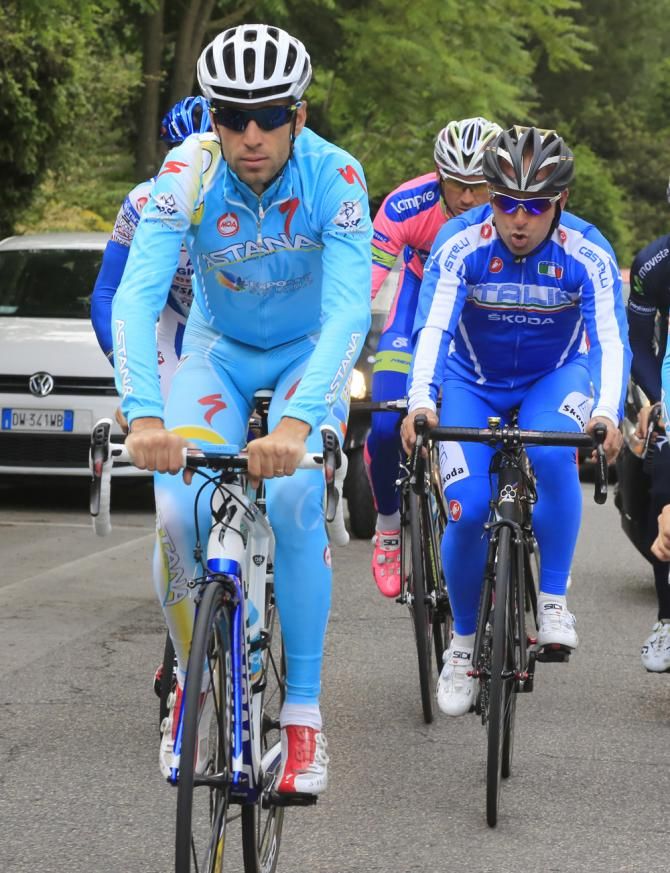 Vincenzo Nibali (Astana) leads the ride with Bettini following