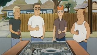 Hank and his buddies drinking beer next to an engine in King of the Hill