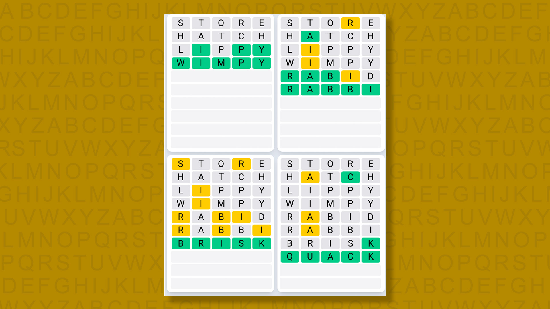 Quordle Daily Sequence answers for game 1483 on a yellow background