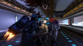 A player shoots at Zeds on the Moonbase map with the HRG Bastion with its energy shield activated.