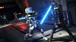 Jedi: Fallen Order protagonist Cal fighting an Imperial scout trooper