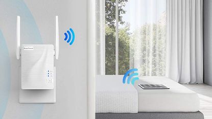 BrosTrend AC1200 Wi-Fi Booster Range Extender in use in bedroom