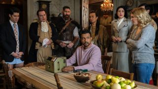 Pictured (L-R): Asher Grodman as Trevor, Brandon Scott Jones as Isaac, Devan Chandler Long as Thorfinn, Utkarsh Ambudkar as Jay sitting with the ghost trap, Román Zaragoza as Sasappis, and Rose McIver as Samantha.