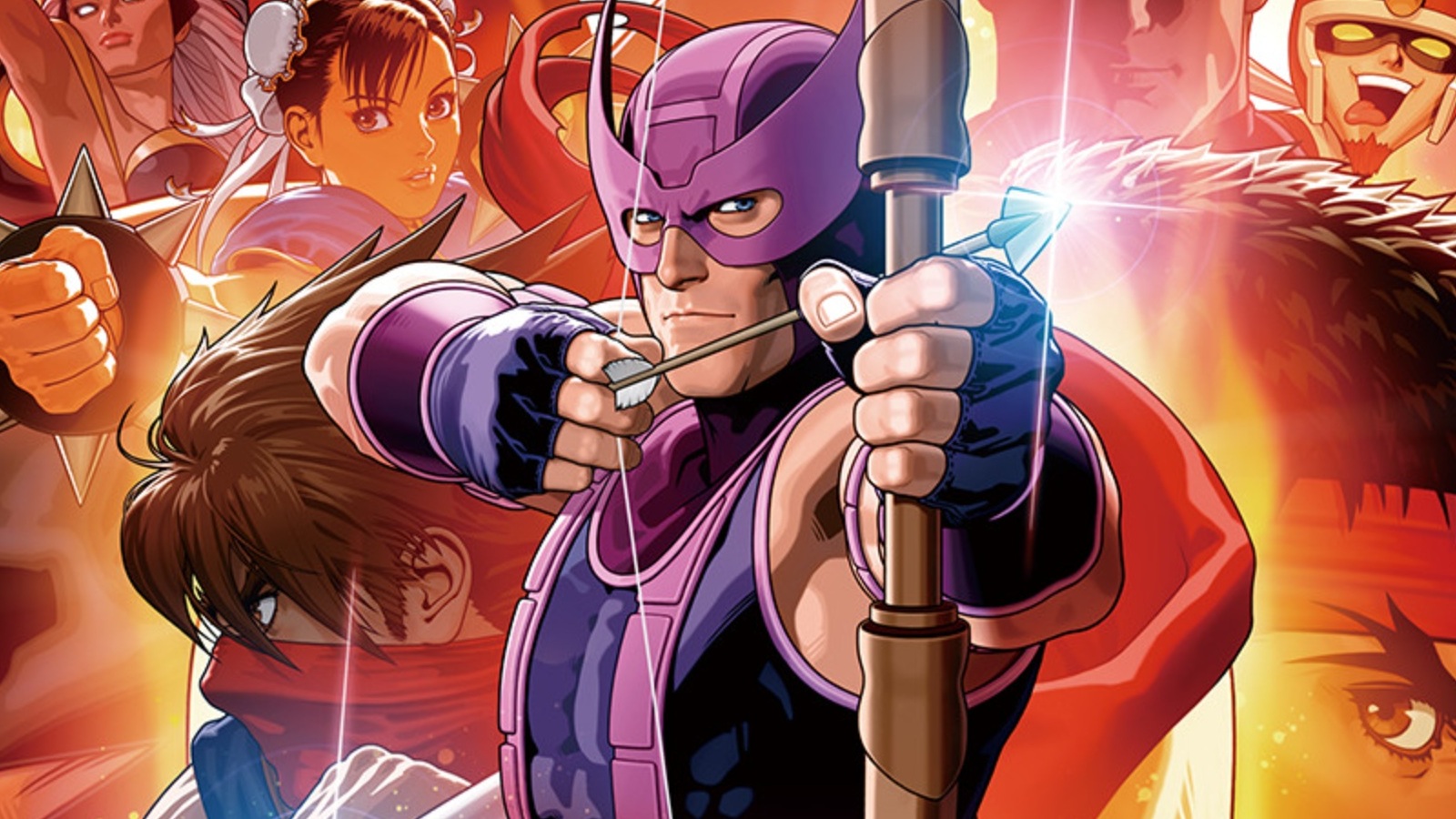 Ultimate Marvel vs. Capcom 3 hero art showing purple archer man aiming bow at camera.