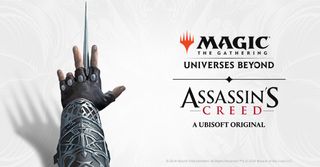 MTG universes beyond and Assasin's Creed logo on white background beside an assassin's hand showing a hidden blade