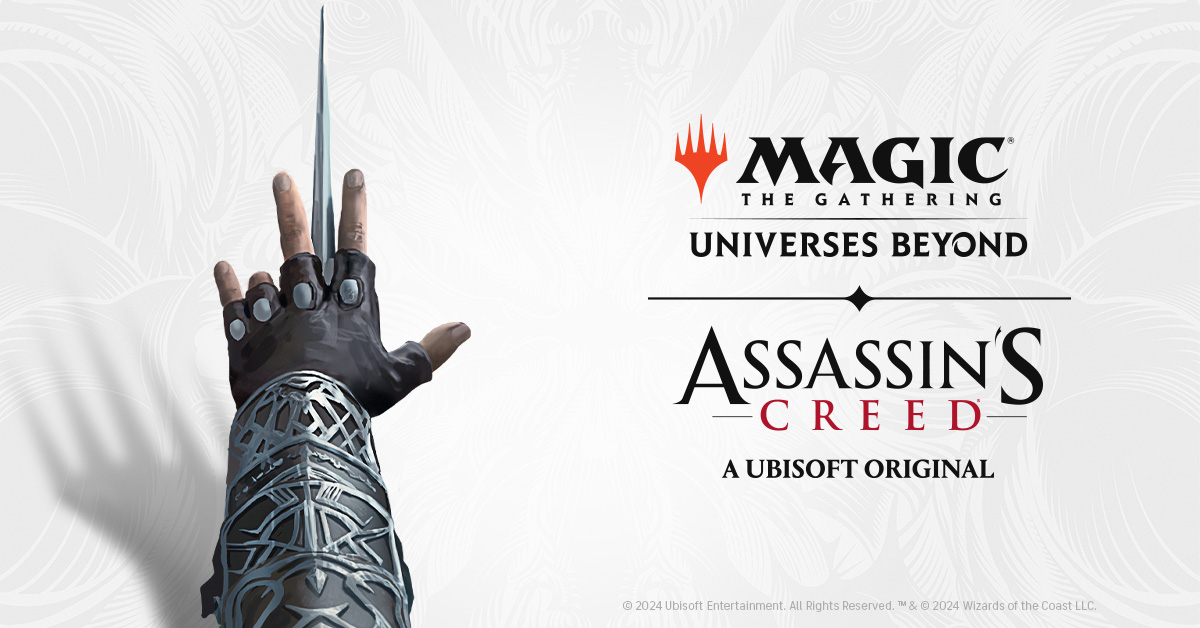 MTG universes beyond and Assasin's Creed logo on white background beside an assassin's hand showing a hidden blade