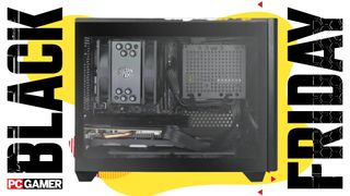 An AVGPC Mini-X SFF gaming PC on a custom Black Friday background.