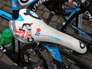 Bradley Wiggins' (Team Sky) custom Prologo Scratch Pro Nack saddle gets a custom cover but also some new tech tricks that help bring the weight well below the 200g mark.