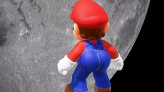 Mario twerking on the moon in a composite image of the Nintendo character with an image of the moon from Artemis II