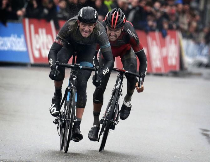 Ian Stannard (Team Sky) outsprints Greg Van Avermaet (BMC Racing Team) for the win