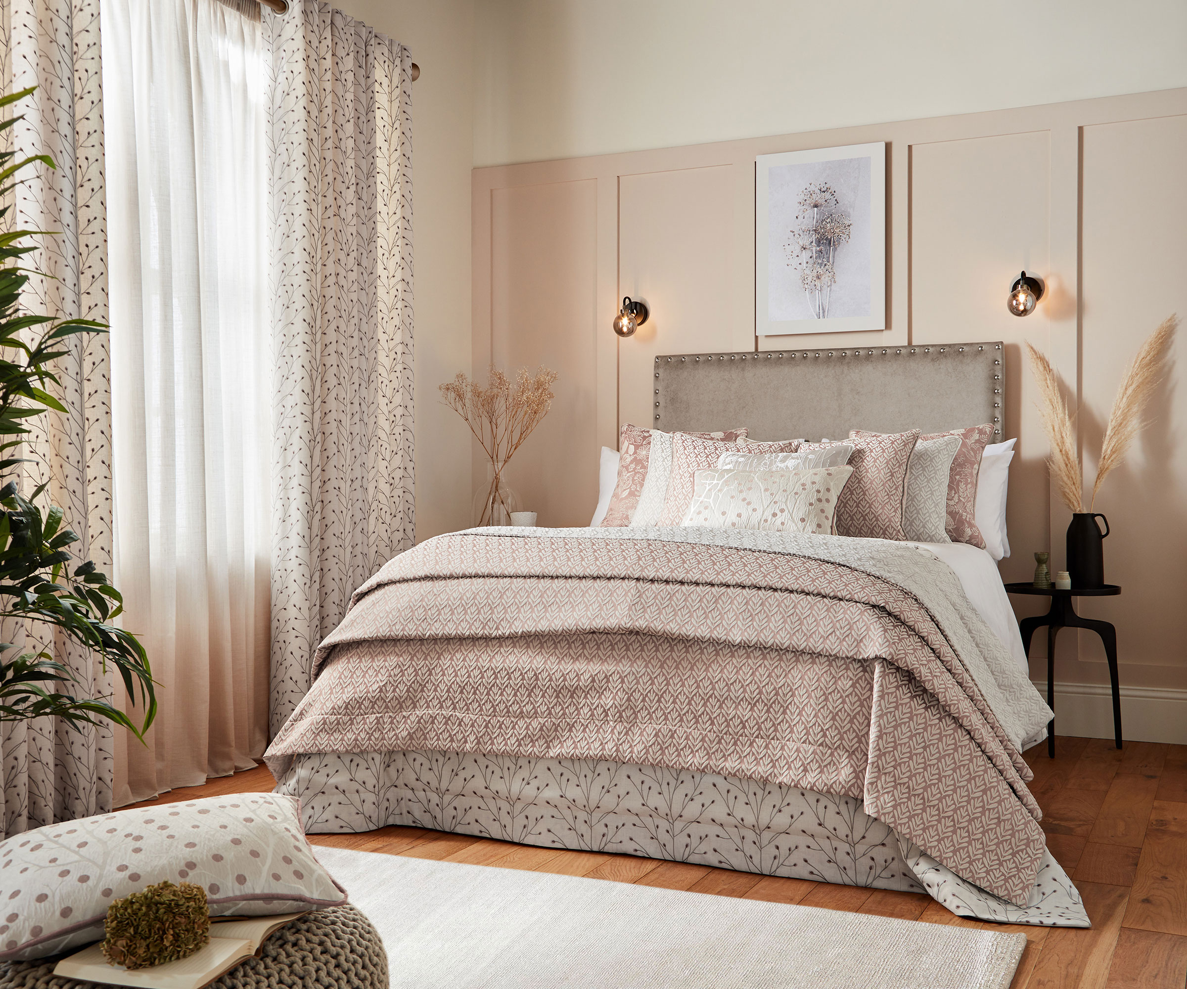 pink bedroom with 3/4 height pink wall panelling