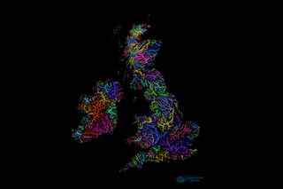 The famous Thames appears in dark purple near the south end of England in this rainbow-hued map of the British Isles.