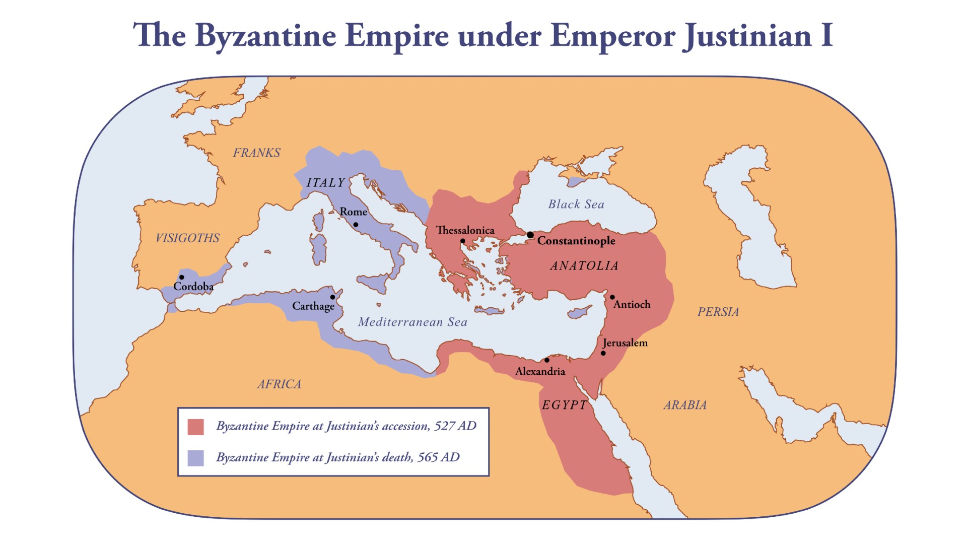 A map of the Byzantine Empire under Emperor Justinian I, before his accession and after his death.