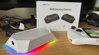 JSAUX RGB Docking Station device and box on a wooden table