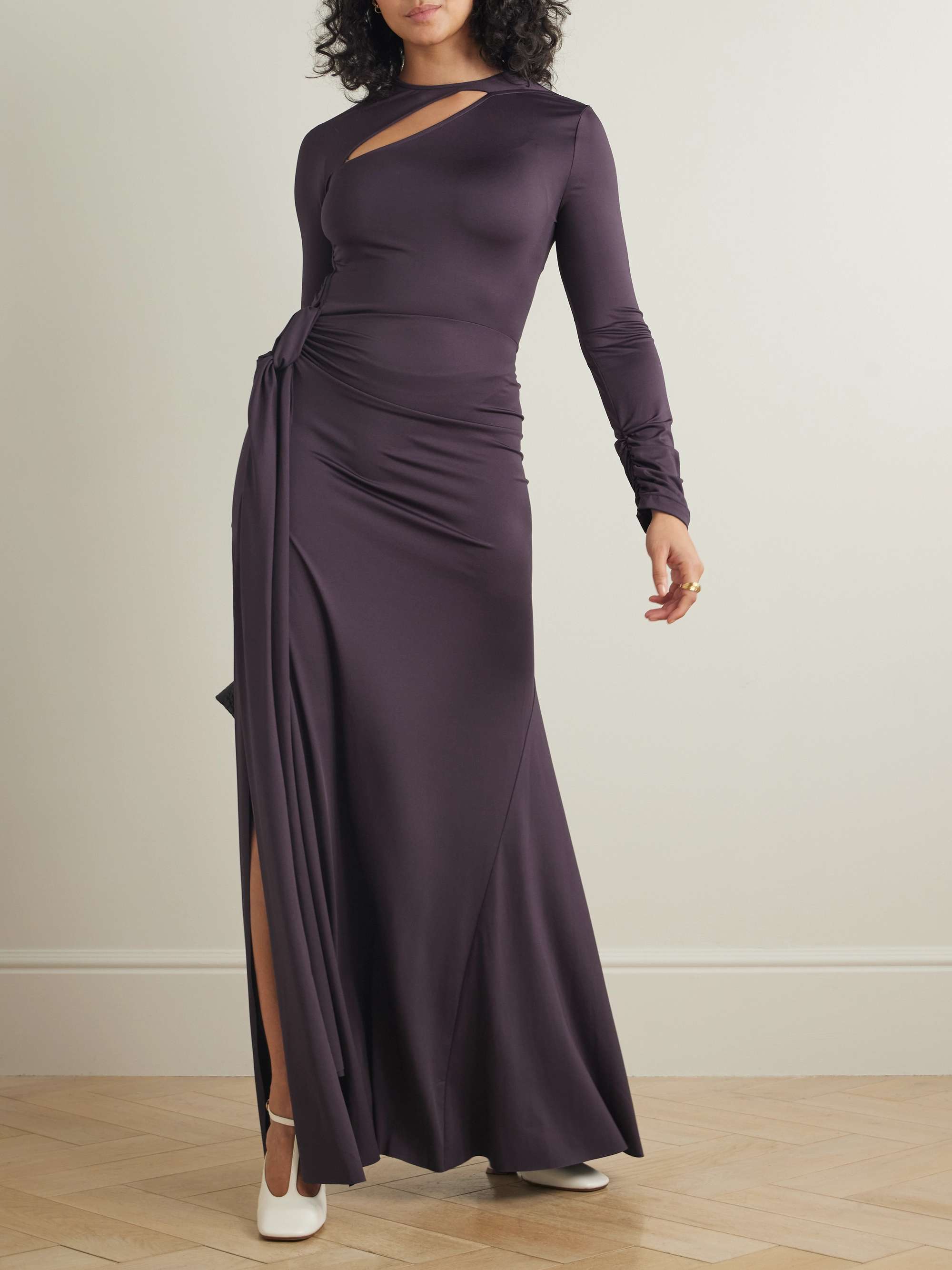 Tie-Detailed Gathered Cut-Out Stretch-Jersey Gown
