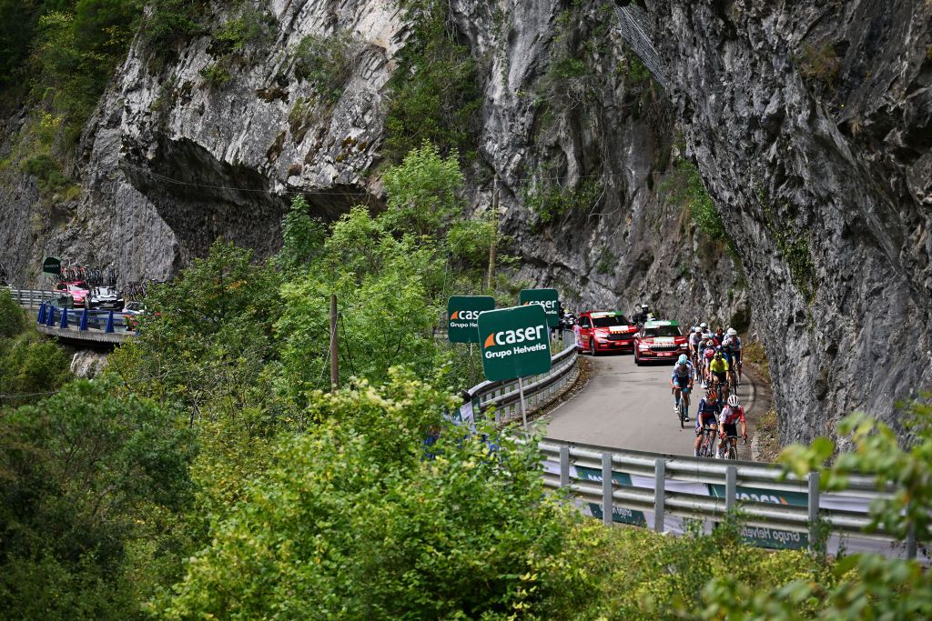 LAGOS DE COVADONGA SPAIN SEPTEMBER 03 A general view of Wout van Aert of Belgium and Team Visma Lease a Bike Green Points Jersey Isaac del Toro of Mexico Jay Vine of Australia Marc Soler of Spain and UAE Team Emirates William Junior Lecerf of Belgium and Team TRex Quick Step Marco Frigo of Italy Matthew Riccitello of The United Kingdom and Team Israel Premier Tech Darren Rafferty of Ireland and Team EF Education EasyPost Oier Lazkano of Spain and Team Movistar Fran Miholjevic of Croatia and Team Bahrain Victorious Felix Engelhardt of Germany Filippo Zana of Italy and Team Jayco AlUla Simon Guglielmi of France and Team Arkea BB Hotels Max Poole of The United Kingdom and Martijn Tusveld of The Netherlands and Team dsmFirmenich PostNL compete in the breakaway climbing to the XXX XXm Collada Llomena 1003m during the La Vuelta 79th Tour of Spain 2024 Stage 16 a 1815km stage Luanco to Lagos de Covadonga 1069m UCIWT on September 03 2024 in Lagos de Covadonga Spain Photo by Tim de WaeleGetty Images