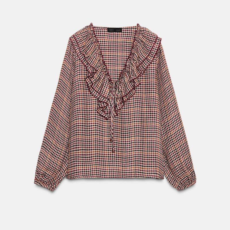 Zara , Checked Blouse with Ruffles