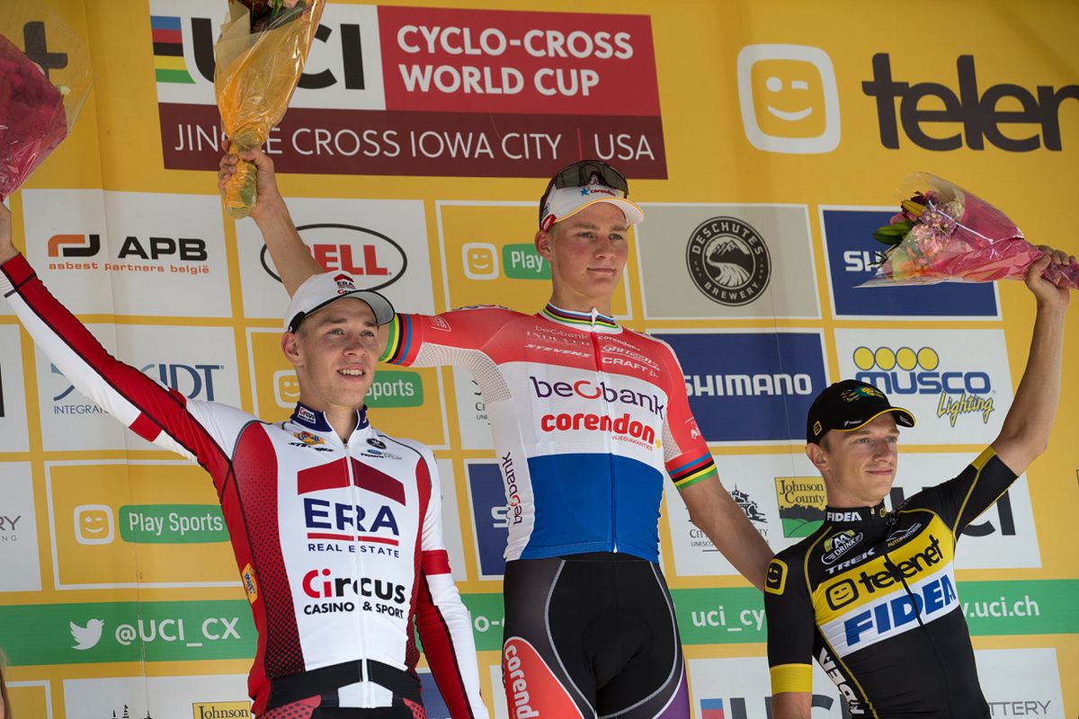 Laurens Sweeck (Era-Circus), Mathieu van der Poel (Beobank-Corendon) and Quinten Hermans (Telenet Fidea Lions) on the podium