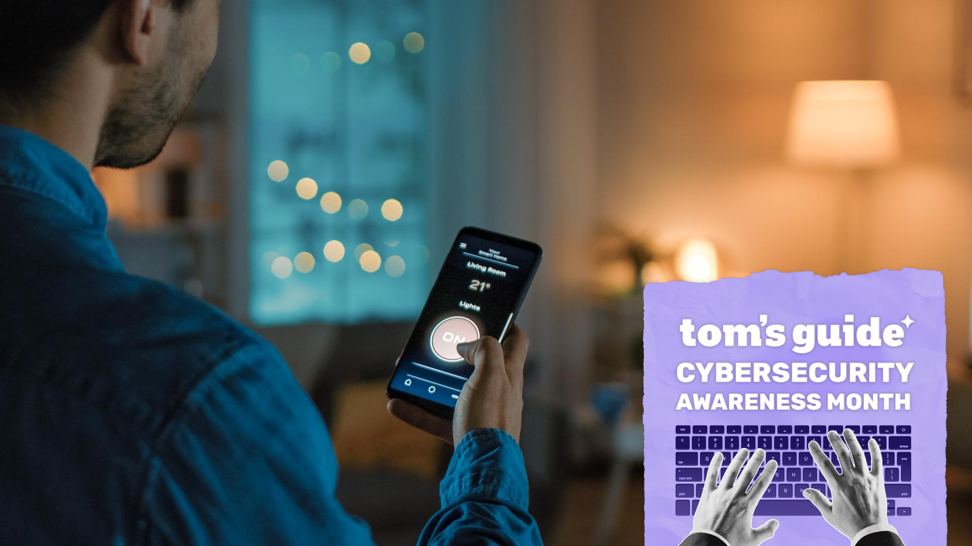 A person adjusting their smart lights with their phone with a Tom's Guide Cybersecurity Awareness Month badge