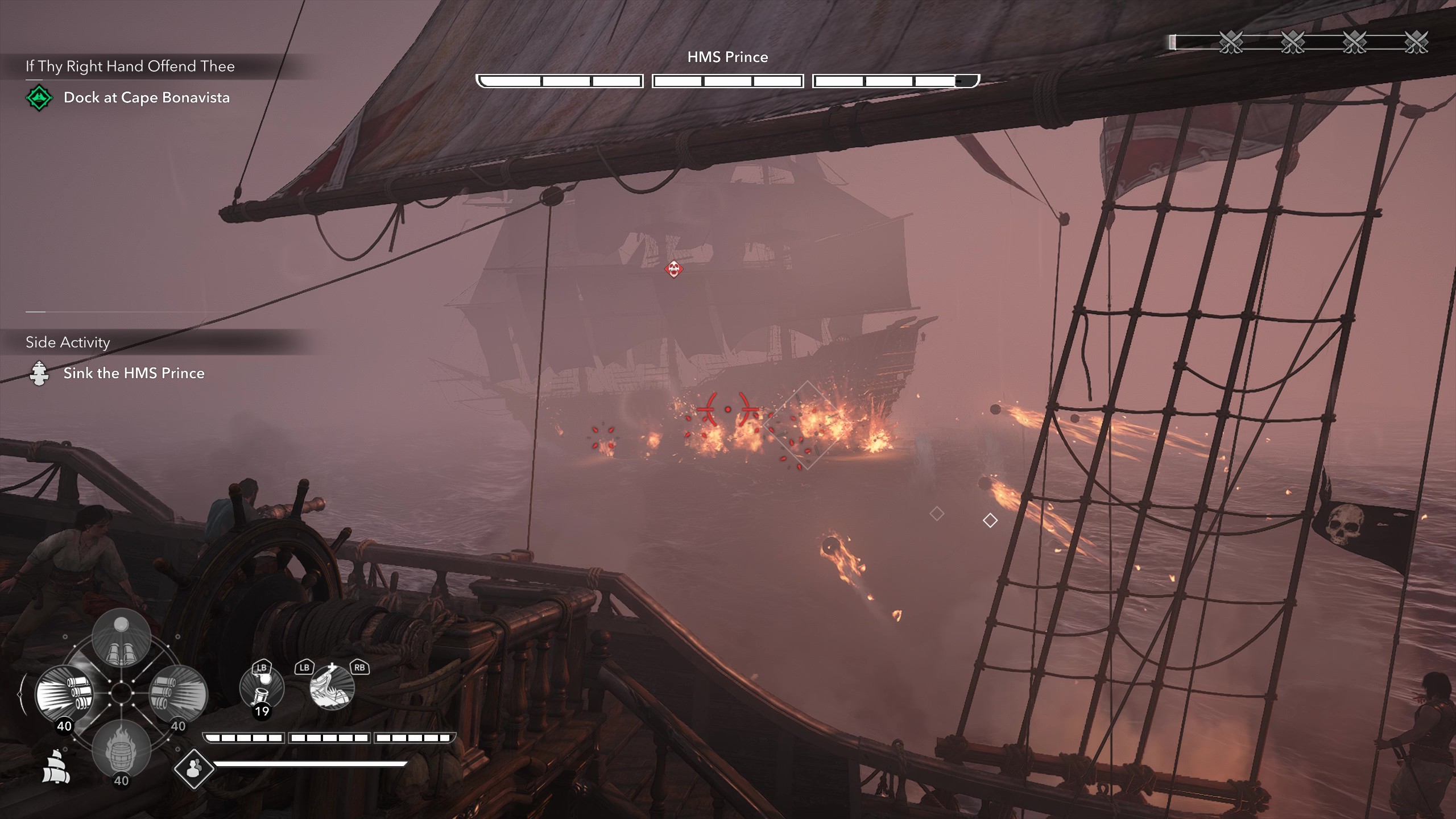 Gameplay of naval combat, with the player firing broadsides against HMS Prince.