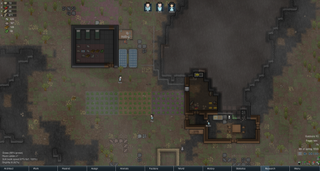 RimWorld colony, day three. Simple beds, gardening, and lots of pausing.