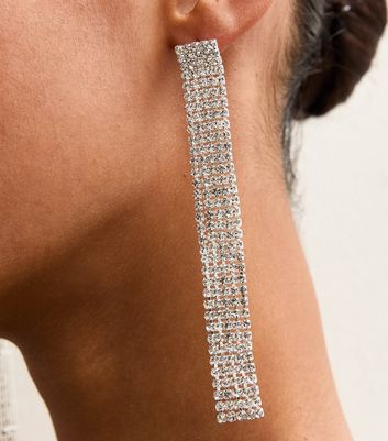 Silver Tone Extra Long Diamante Tassle Earrings