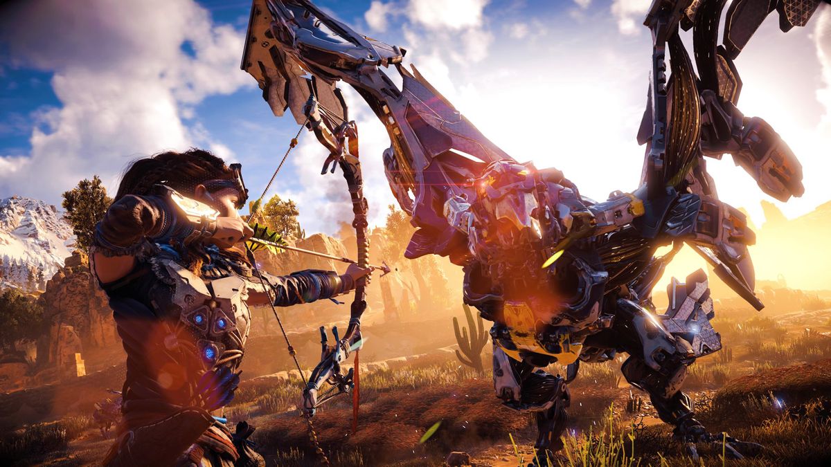 A screenshot from Horizon Zero Dawn showing Aloy aiming her bow.