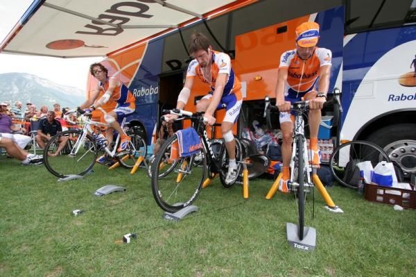 The Rabobank team warm up in Annecy.