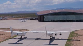 Virgin Galactic's VMS Eve carrier aircraft at Spaceport America in New Mexico.