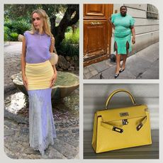 A collage of photos of different Instagram outfits featuring unexpected spring color trends, including lilac, emerald green, and marigold yellow.