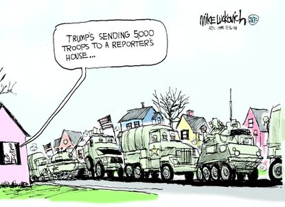 Political cartoon U.S. Trump sending soldiers Mexico border journalist house freedom of the press