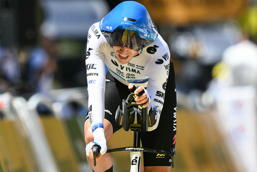 Team Visma - Lease a bike team's Italian rider Edoardo Affini cycles to the finish line of the 5th stage of the 112th edition of the Tour de France cycling race, 33 km individual time trial starting and finishing in Caen, northwestern France, on July 9, 2025. (Photo by Marco BERTORELLO / AFP) (Photo by MARCO BERTORELLO/AFP via Getty Images)