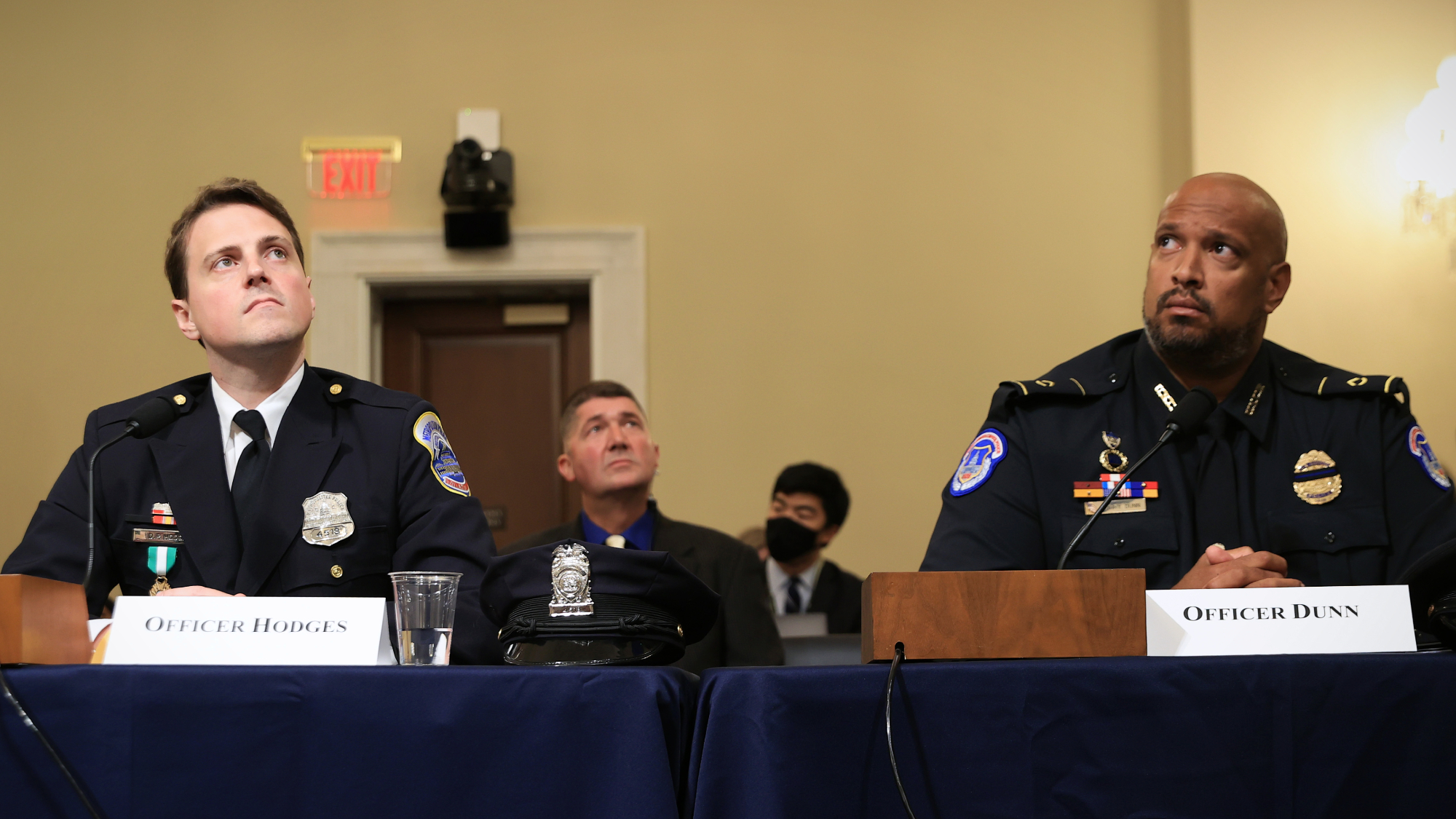 Metropolitan Police Department (MPD) Officer Daniel Hodges, and Harry Dunn, private first class with the U.S. Capitol Police, right, during a hearing for the Select Committee to Investigate the January 6th Attack on the U.S. Capitol 