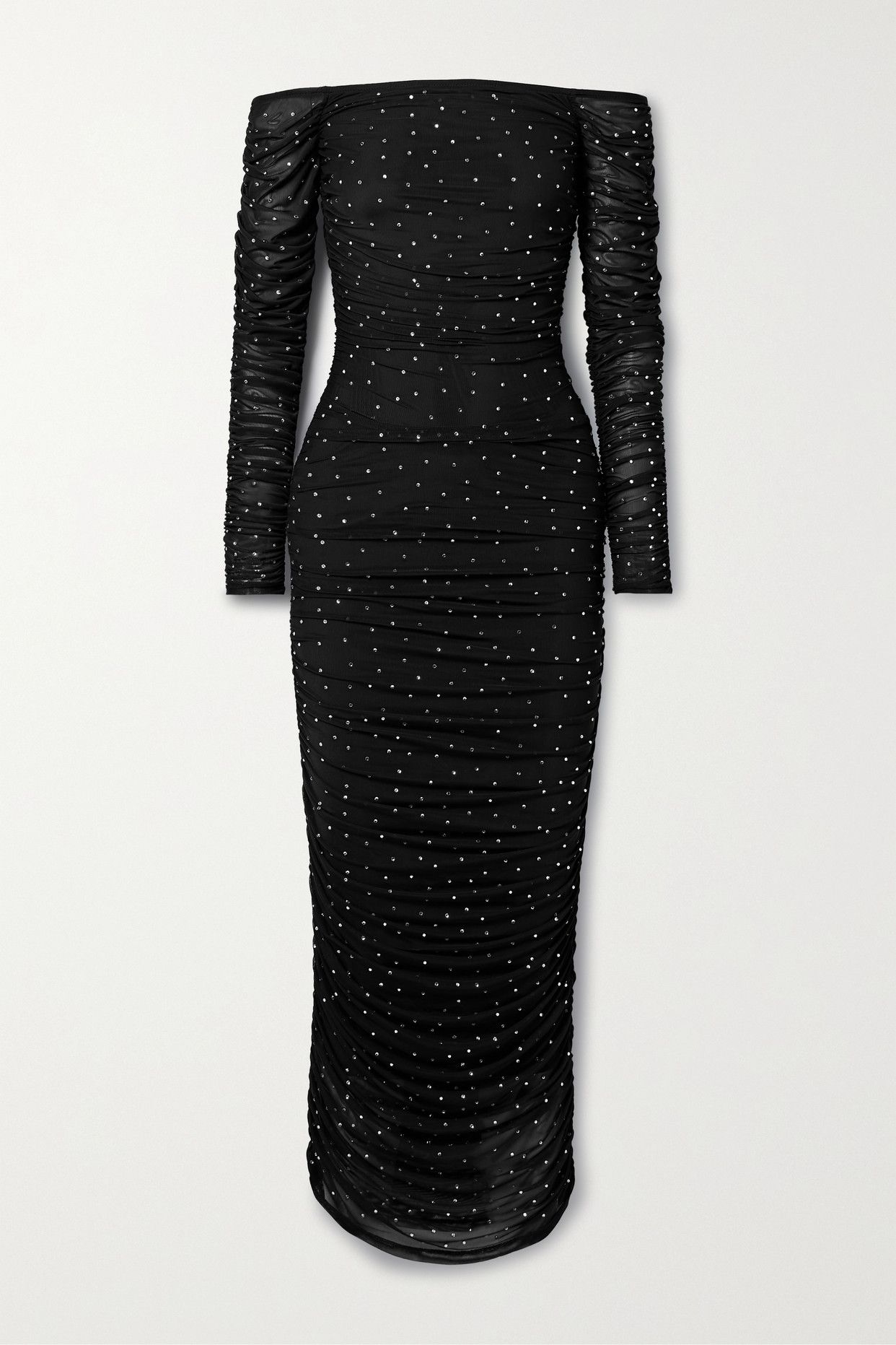 Aria Off-The-Shoulder Crystal-Embellished Ruched Stretch-Mesh Maxi Dress