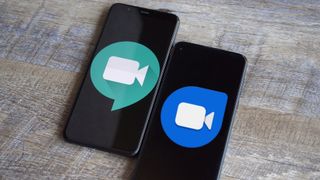 Two Android phones side-by-side showing logos for Google Meet and Google Duo