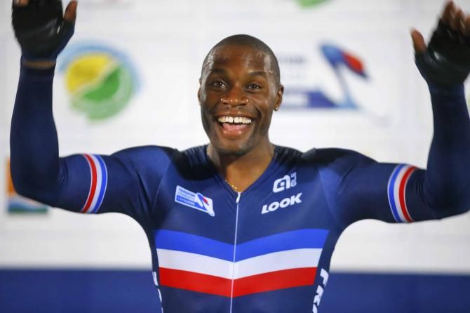 Gregory Bauge (France) celebrates winning the European sprint title.
