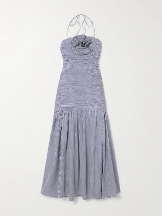 Ruched Appliquéd Striped Cotton-Poplin Halterneck Midi Dress