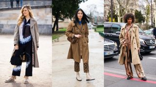 street style models wearing trench coats with prints and patterns