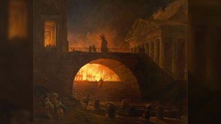 'The Fire of Rome', oil on canvas painting by Hubert Robert (French, 1733 - 1808). In the forefront we see a bridge. In the distance we see the city in flames against the night sky.