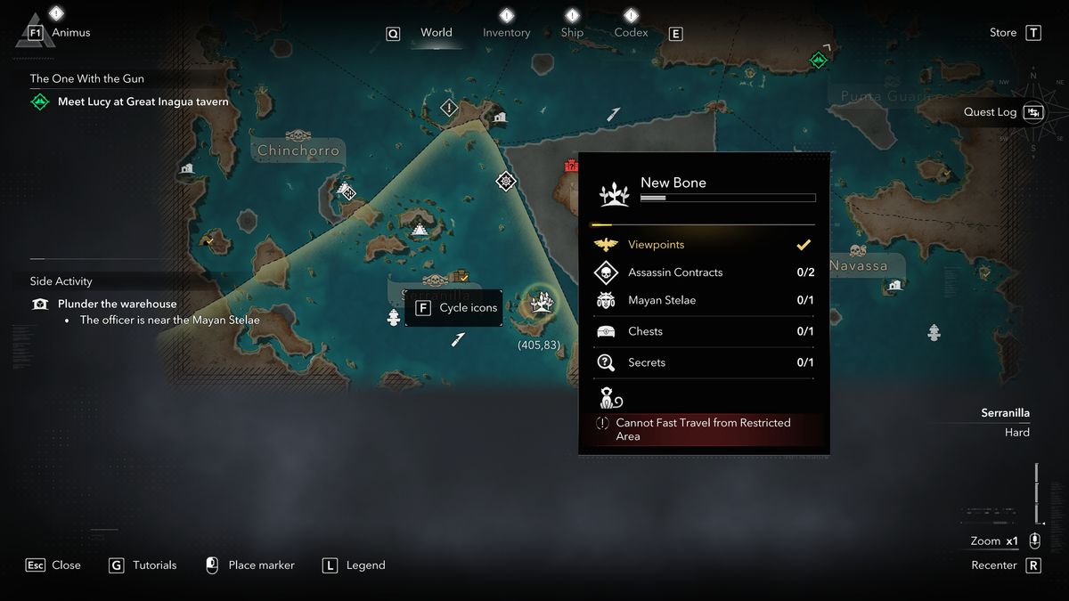 Black Flag Mayan stones: A map showing the location of a Mayan stone/stele on New Bone, Serranilla.